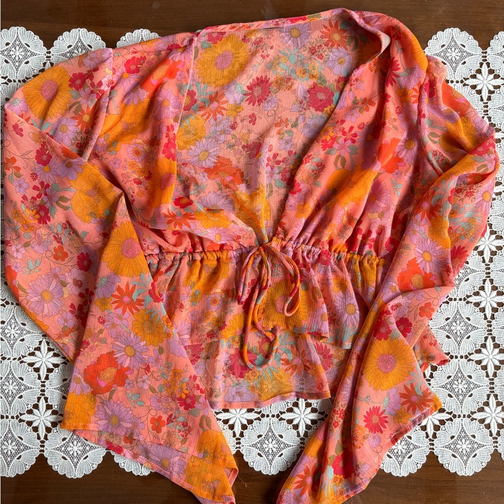 Floral Pink and Orange Wrap Top
